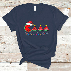 Lighting Santa Watermelon Pie Eating Christmas In July T Shirt TS02 Navy Printyourwear