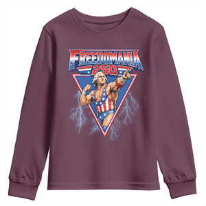 Freedomania 250 George Washington Wrestler Graphic Youth Sweatshirt Funny Muscular President Lightning 1776 to 2026 Semiquincentennial