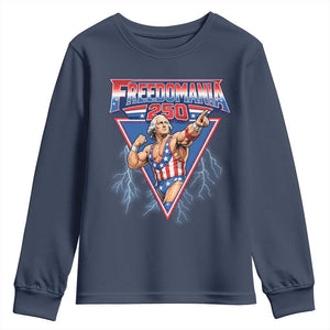 Freedomania 250 George Washington Wrestler Graphic Youth Sweatshirt Funny Muscular President Lightning 1776 to 2026 Semiquincentennial