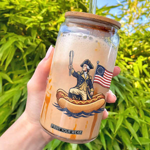 George Washington Crossing The Delaware on Hot Dog Boat Glass Can Funny BBQ Party 4th of July Graphic