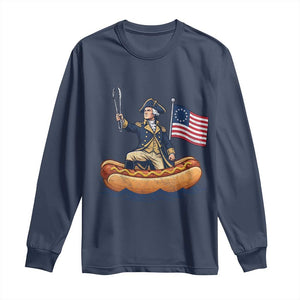 George Washington Crossing The Delaware on Hot Dog Boat Long Sleeve Shirt Funny BBQ Party 4th of July Graphic