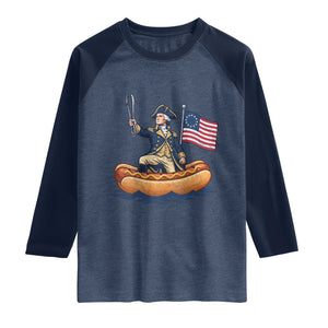 George Washington Crossing The Delaware on Hot Dog Boat Raglan Shirt Funny BBQ Party 4th of July Graphic