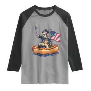 George Washington Crossing The Delaware on Hot Dog Boat Raglan Shirt Funny BBQ Party 4th of July Graphic