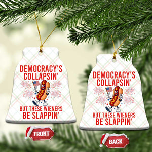 Funny Patriotic Hotdog Cartoon 4th of July Fireworks Ceramic Ornament Democracys Collapsin But These Wieners Be Slappin