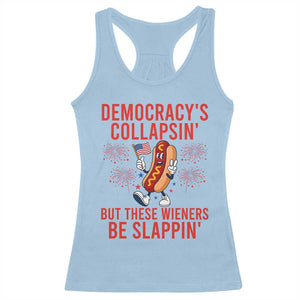 Funny Patriotic Hotdog Cartoon 4th of July Fireworks Racerback Tank Top Democracys Collapsin But These Wieners Be Slappin