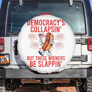 Funny Patriotic Hotdog Cartoon 4th of July Fireworks Spare Tire Cover Democracys Collapsin But These Wieners Be Slappin