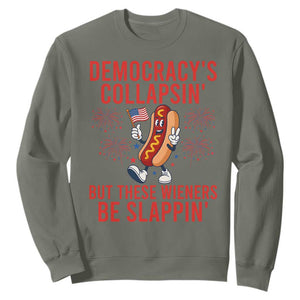 Funny Patriotic Hotdog Cartoon 4th of July Fireworks Sweatshirt Democracys Collapsin But These Wieners Be Slappin