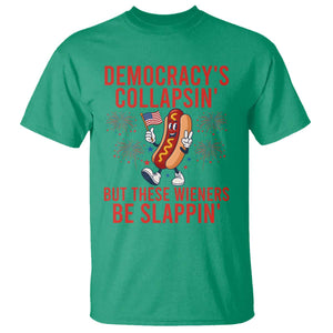 Funny Patriotic Hotdog Cartoon 4th of July Fireworks T Shirt Democracys Collapsin But These Wieners Be Slappin