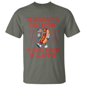Funny Patriotic Hotdog Cartoon 4th of July Fireworks T Shirt Democracys Collapsin But These Wieners Be Slappin