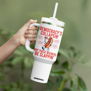 Funny Patriotic Hotdog Cartoon 4th of July Fireworks Tumbler With Handle Democracys Collapsin But These Wieners Be Slappin