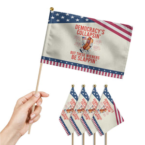 Funny Hotdog Cartoon 4th of July Fireworks Patriotic Handheld Flag Democracys Collapsin But These Wieners Be Slappin