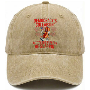 Funny Patriotic Hotdog Cartoon 4th of July Fireworks Washed Cotton Baseball Cap Democracys Collapsin But These Wieners Be Slappin