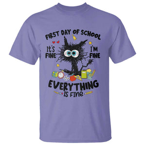 Funny First Day Of School Cat T Shirt It's Fine I'm Fine Everything Is Fine For Student Teacher TS02 Violet Printyourwear