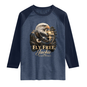 Fly Free Jackie Big Bear Bald Eagle Memorial Raglan Shirt California Valley Sunset Forest Nature Graphic TS02 Heather Denim Navy Print Your Wear