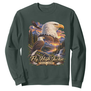 Fly High Jackie Bald Eagle Memorial Sweatshirt Scenic Mountain Sunset Lake Nature Graphic TS02 Dark Forest Green Print Your Wear