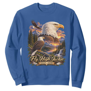Fly High Jackie Bald Eagle Memorial Sweatshirt Scenic Mountain Sunset Lake Nature Graphic TS02 Royal Blue Print Your Wear