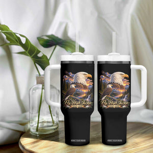 Fly High Jackie Bald Eagle Memorial Tumbler With Handle Scenic Mountain Sunset Lake Nature Graphic