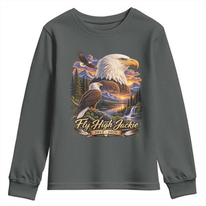 Fly High Jackie Bald Eagle Memorial Youth Sweatshirt Scenic Mountain Sunset Lake Nature Graphic TS02 Dark Heather Print Your Wear