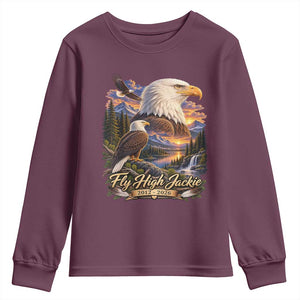 Fly High Jackie Bald Eagle Memorial Youth Sweatshirt Scenic Mountain Sunset Lake Nature Graphic TS02 Maroon Print Your Wear