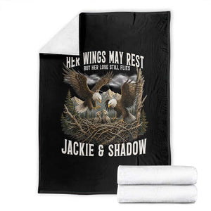 Her Wings May Rest Jackie and Shadow Throw Blanket Bald Eagle Nest Family Tribute Graphic