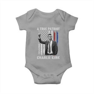 Charlie Kirk Tribute Baby Onesie A True Patriot Freedom American Flag TS02 Sport Gray Print Your Wear
