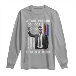 Charlie Kirk Tribute Long Sleeve Shirt A True Patriot Freedom American Flag TS02 Sport Gray Print Your Wear