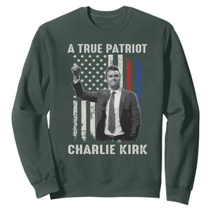Charlie Kirk Tribute Sweatshirt A True Patriot Freedom American Flag TS02 Dark Forest Green Print Your Wear