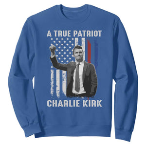 Charlie Kirk Tribute Sweatshirt A True Patriot Freedom American Flag TS02 Royal Blue Print Your Wear