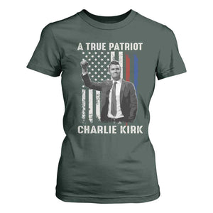 Charlie Kirk Tribute T Shirt For Women A True Patriot Freedom American Flag TS02 Dark Forest Green Print Your Wear