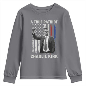 Charlie Kirk Tribute Youth Sweatshirt A True Patriot Freedom American Flag TS02 Charcoal Print Your Wear