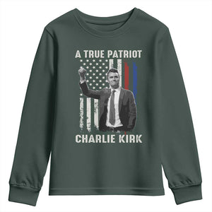 Charlie Kirk Tribute Youth Sweatshirt A True Patriot Freedom American Flag TS02 Dark Forest Green Print Your Wear