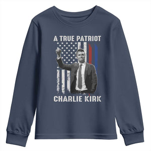 Charlie Kirk Tribute Youth Sweatshirt A True Patriot Freedom American Flag TS02 Navy Print Your Wear