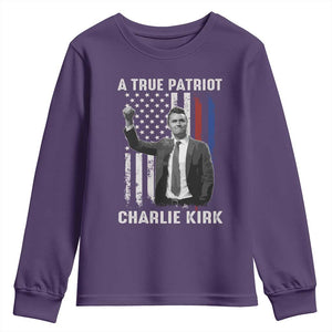 Charlie Kirk Tribute Youth Sweatshirt A True Patriot Freedom American Flag TS02 Purple Print Your Wear