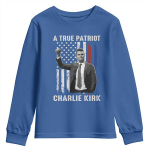 Charlie Kirk Tribute Youth Sweatshirt A True Patriot Freedom American Flag TS02 Royal Blue Print Your Wear
