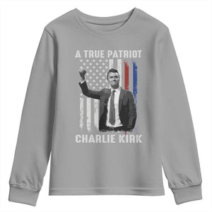 Charlie Kirk Tribute Youth Sweatshirt A True Patriot Freedom American Flag TS02 Sport Gray Print Your Wear