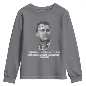 Charlie Kirk Legacy Youth Sweatshirt Greatness of Our Nation American True Patriot TS02 Charcoal Print Your Wear