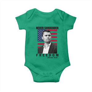 Never Surrender Freedom Baby Onesie Patriotic Charlie Kirk Tribute American Flag TS02 Irish Green Print Your Wear