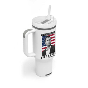 Never Surrender Freedom Tumbler With Handle Patriotic Charlie Kirk Tribute American Flag TS02 Print Your Wear