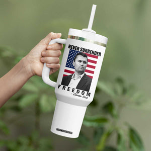 Never Surrender Freedom Tumbler With Handle Patriotic Charlie Kirk Tribute American Flag TS02 Print Your Wear