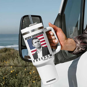 Never Surrender Freedom Tumbler With Handle Patriotic Charlie Kirk Tribute American Flag TS02 Print Your Wear