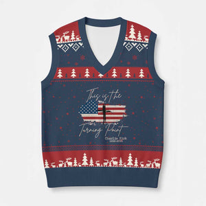 This is The Turning Point Memorial V-Neck Knit Sweater Vest Tribute to A True Patriot Christian Faith American Flag TS02 Navy Red Print Your Wear