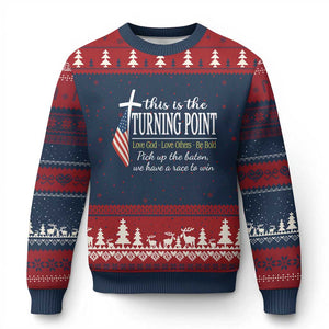 Faith Fueled Turning Point Ugly Christmas Sweater Christian Patriot Cross and American Flag TS02 Navy Red Print Your Wear