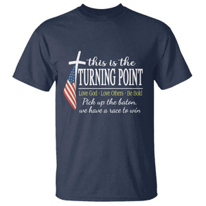 Faith Fueled Turning Point T Shirt Christian Patriot Cross and American Flag TS02 Navy Print Your Wear