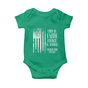 Charlie Kirk Patriotic Memorial Baby Onesie Firm in Faith Fierce in Justice American Flag TS02 Irish Green Print Your Wear