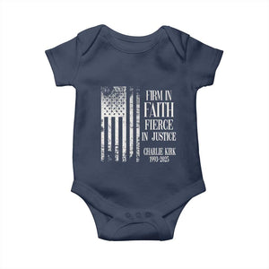Charlie Kirk Patriotic Memorial Baby Onesie Firm in Faith Fierce in Justice American Flag TS02 Navy Print Your Wear