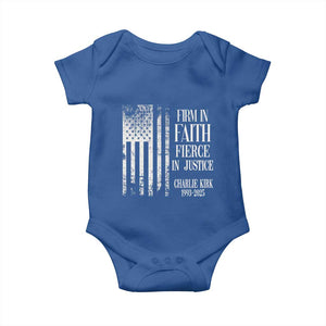Charlie Kirk Patriotic Memorial Baby Onesie Firm in Faith Fierce in Justice American Flag TS02 Royal Blue Print Your Wear