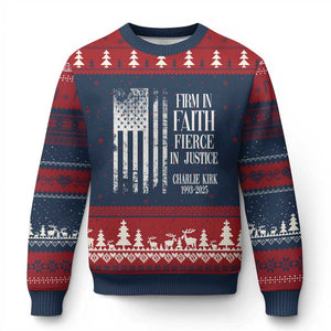 Charlie Kirk Patriotic Memorial Ugly Christmas Sweater Firm in Faith Fierce in Justice American Flag TS02 Navy Red Print Your Wear
