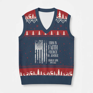 Charlie Kirk Patriotic Memorial V-Neck Knit Sweater Vest Firm in Faith Fierce in Justice American Flag TS02 Navy Red Print Your Wear