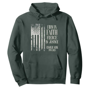 Charlie Kirk Patriotic Memorial Hoodie Firm in Faith Fierce in Justice American Flag TS02 Dark Forest Green Print Your Wear