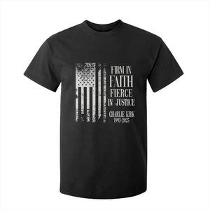 Charlie Kirk Patriotic Memorial T Shirt For Kid Firm in Faith Fierce in Justice American Flag TS02 Black Print Your Wear